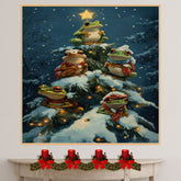Christmas Wall Art Featuring Frogs in a Snowy Tree with Star Lights and Scarves Fun and Whimsical Holiday Animal Print for Winter Home Décor on Ready to Hang 1.5" Thick Canvas Wrap, Floating Framed Canvas, Flat Rolled Canvas
